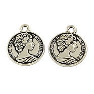 Feng Shui Tibetan Style Zinc Alloy Coin Pendants, Flat Round Carved Queen Elizabeth II, Cadmium Free & Lead Free, Antique Silver, 15.7x12.9x2mm, Hole: 2mm, about 500pcs/500g(TIBEP-Q043-168A-RS)