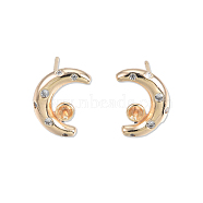 Brass Stud Earring Findings, for Half Drilled Beads, with Clear Cubic Zirconia, Cadmium Free & Nickel Free & Lead Free, Crescent Moon, Real 18K Gold Plated, 11.5x8mm, Pin: 0.7mm and 0.8mm(for half drilled bead)(KK-N232-436)