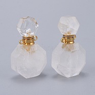 Faceted Natural Quartz Crystal Openable Perfume Bottle Pendants, Rock Crystal, with 304 Stainless Steel Findings, Golden, 34~36x20~22x12~13mm, Hole: 1.8mm, Bottle Capacity: 1ml(0.034 fl. oz)(G-I287-06G-A)