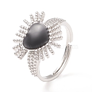 Black Cubic Zirconia Heart Sun Adjustable Ring, Brass Jewelry for Women, Cadmium Free & Lead Free, Platinum, Inner Diameter: 16.2~21mm(RJEW-C028-03P)
