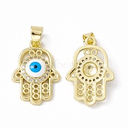 Rack Plating Brass Micro Pave Clear Cubic Zirconia Pendants, with Enamel, Long-Lasting Plated, Cadmium Free & Lead Free, Hamsa Hand/Hand of Miriam with Evil Eye, Real 18K Gold Plated, 19.5x13.5x4mm, Hole: 4x3mm(ZIRC-C041-32G)