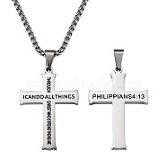 Titanium Steel Cross with Philippians 4:13 Pendant Necklace, Religion Jewelry for Men Women, Stainless Steel Color, 23.62 inch(60cm)(JN1050A)