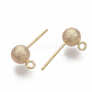Brass Ball Stud Earring Findings, Nickel Free, with Loop, Textured, Real 18K Gold Plated, 14.5~16.5x5~5.5mm, Hole: 1.2mm, Pin: 0.8mm(X-KK-T048-010GB-NF)