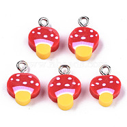 Handmade Polymer Clay Charms, with Platinum Tone Iron Findings, Mushroom, Red, 14~15x10x4mm, Hole: 1.8mm(CLAY-T016-50)