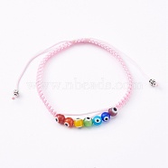 Chakra Jewelry, Adjustable Nylon Cord Braided Bead Bracelet, with Evil Eye Lampwork Round Beads and Alloy Spacer Beads, Pink, Inner Diameter: 2-1/8~3-1/2 inch(5.5~9cm)(BJEW-JB05976-01)