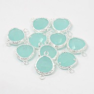 Silver Color Plated Brass Glass Links connectors, Faceted Triangle, Pale Turquoise, 19x13x5.5mm, Hole: 1mm(GLAA-J024-02S)