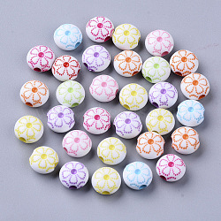 Craft Style Acrylic Beads, Flat Round with Flower, Mixed Color, 9.5x10x6mm, Hole: 2.5mm, about 1500pcs/500g(MACR-T035-007)