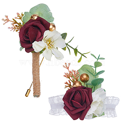 2Pcs 2 Style Cloth & Plastic Imitation Rose Boutonniere & Wrist Corsages, with Silk Ribbon, for Wedding, Party Decoration, Dark Red, 55~122mm, 1pcs/style(AJEW-CP0005-93)
