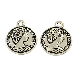 Feng Shui Tibetan Style Zinc Alloy Coin Pendants, Flat Round Carved Queen Elizabeth II, Cadmium Free & Lead Free, Antique Silver, 15.7x12.9x2mm, Hole: 2mm, about 500pcs/500g(TIBEP-Q043-168A-RS)