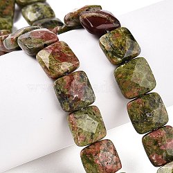 Natural Unakite Beads Strands, Faceted Square, 12~12.5x12~12.5x5.5~6mm, Hole: 1.2mm, about 17pcs/strand, 8.07~8.4''(20.5~21cm)(G-T138-158)