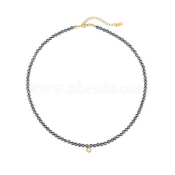 Real 18K Gold Plated Stainless Steel Flat Round Pendant Necklaces, with Imitation Pearl Beaded, Black, 17.72 inch(45cm)(EE0925-2)