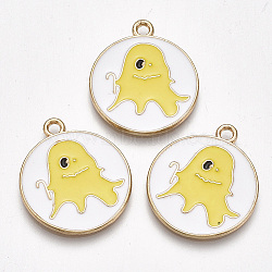 Alloy Pendants, Cadmium Free & Lead Free, with Enamel, Flat Round with Ghost, Light Gold, Yellow, 26x23x1.5mm, Hole: 2mm(ENAM-S115-078B)