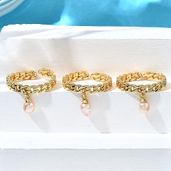 Brass Curb Chain Cuff Rings for Women, with Oval Natural Pearl Charms, Cadmium Free & Lead Free, Long-Lasting Plated, Rack Plating, Real 18K Gold Plated, 3mm, Adjustable(RJEW-Z085-05G)