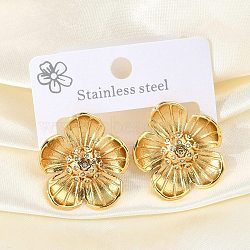 304 Stainless Steel Flower Stud Earrings, with Rhinestone, Real 18K Gold Plated, 26.5x25mm(EJEW-M073-16G)