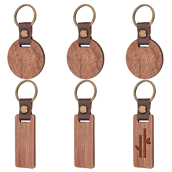 6Pcs 2 Style Imitation Leather & Walnut Wood Keychain, with Iron Findings, Rectangle & Round, Coconut Brown, 9.1~10.8cm, 3pcs/style