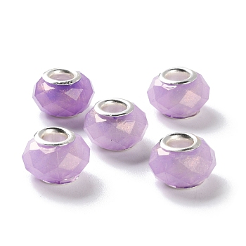 Pearlized Resin European Beads, Faceted Rondelle Large Hole Beads, with Platinum Tone Alloy Double Cores, Lilac, 13.5x9mm, Hole: 5mm