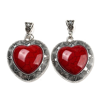 Synthetic Turquoise Dyed Pendants, Heart Charms with Antique Silver Plated Alloy Findings, Dark Red, 54mm, Pendant: 39.5x35x10mm, Hole: 7.5x5.5mm