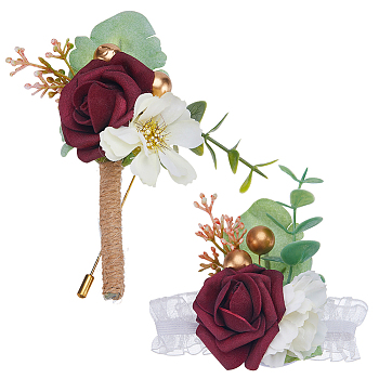 2Pcs 2 Style Cloth & Plastic Imitation Rose Boutonniere & Wrist Corsages, with Silk Ribbon, for Wedding, Party Decoration, Dark Red, 55~122mm, 1pcs/style