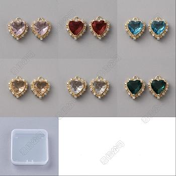 7Pcs 7 Colors Brass Cubic Zirconia Pendants, Light Gold Tone Heart Charms, Mixed Color, 17x15x7.5mm, Hole: 1.6mm, 1pc/color