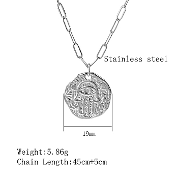 304 Stainless Steel Pendant Necklaces, Hamsa Hand with Eye, Stainless Steel Color, 17.72 inch(45cm)