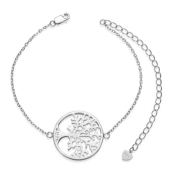 SHEGRACE Rhodium Plated 925 Sterling Silver Link Bracelets, with Cable Chains, Flat Round with Tree, Platinum, 6-1/2 inch(16.5cm)