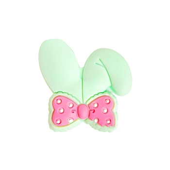 Rabbit Ear with Bowknot Food Grade Eco-Friendly Silicone Focal Beads, Silicone Teething Beads, Pale Green, 26x26mm