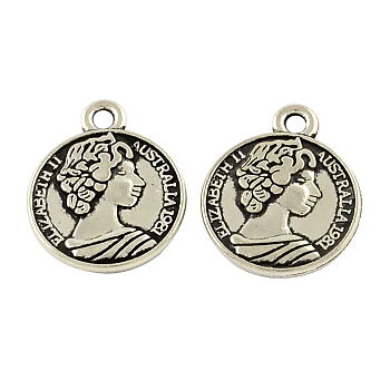 Feng Shui Tibetan Style Zinc Alloy Coin Pendants, Flat Round Carved Queen Elizabeth II, Cadmium Free & Lead Free, Antique Silver, 15.7x12.9x2mm, Hole: 2mm, about 500pcs/500g