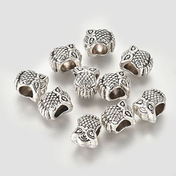 Alloy European Beads, Large Hole Beads, Owl, Antique Silver, 10x8x8mm, Hole: 5mm