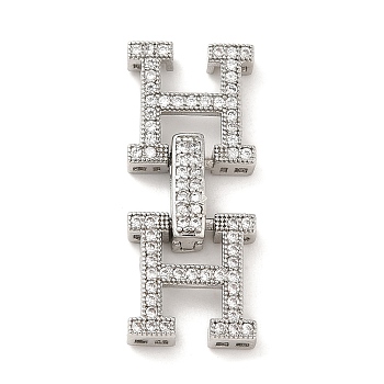Rack Plating Brass Micro Pave Clear Cubic Zirconia Fold Over Clasps, Long-Lasting Plated, Letter H, Platinum, 28mm, Letter: 12x12x3.5mm, Hole: 1x1mm