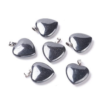 Natural Hematite Pendants, with Platinum Tone Brass Findings, Heart, 27~28x24.5~26x6~8.5mm, Hole: 2.4x5.6mm