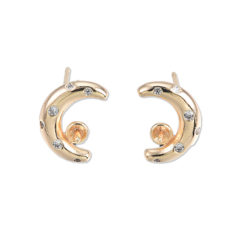Brass Stud Earring Findings, for Half Drilled Beads, with Clear Cubic Zirconia, Cadmium Free & Nickel Free & Lead Free, Crescent Moon, Real 18K Gold Plated, 11.5x8mm, Pin: 0.7mm and 0.8mm(for half drilled bead)