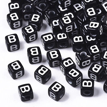 Opaque Acrylic Beads, Horizontal Hole, Alphabet Style, Cube, Black & White, Letter.B, 5x5x5mm, Hole: 2mm, about 5000pcs/500g