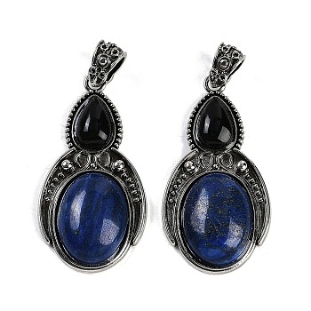 Dyed Natural Lapis Lazuli & Obsidian Pendants, Gourd Charms with Antique Silver Tone Alloy Findings, Cadmium Free & Lead Free, 44.5x23x7.5mm, Hole: 4x6mm