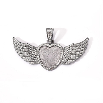 Alloy Pendant Cabochon Settings, with Crystal Rhinestone, Cadmium Free & Lead Free, Heart with Wing, Gunmetal, Tray: 23x25mm, 38.5x88x5mm, Hole: 16x5mm
