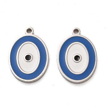 304 Stainless Steel Enamel Pendants, Stainless Steel Color, Oval Charm, Medium Blue, 18x12.5x2mm, Hole: 1.4mm