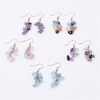 Natural Mixed Stone Dangle Earrings, Cluster Earrings, with Metal Findings, Platinum, 42mm, Pin: 0.7mm