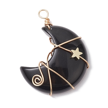 Natural Obsidian Copper Wire Wrapped Pendants, Moon with Star Charms, Golden, 44.5x35x11.5mm, Hole: 4mm