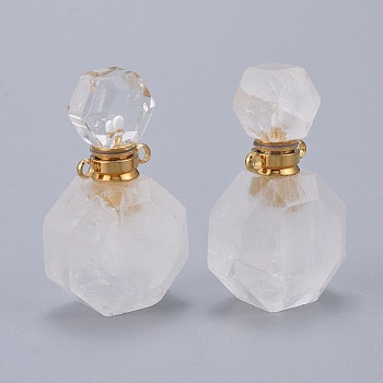 Faceted Natural Quartz Crystal Openable Perfume Bottle Pendants, Rock Crystal, with 304 Stainless Steel Findings, Golden, 34~36x20~22x12~13mm, Hole: 1.8mm, Bottle Capacity: 1ml(0.034 fl. oz)