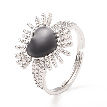 Black Cubic Zirconia Heart Sun Adjustable Ring, Brass Jewelry for Women, Cadmium Free & Lead Free, Platinum, Inner Diameter: 16.2~21mm