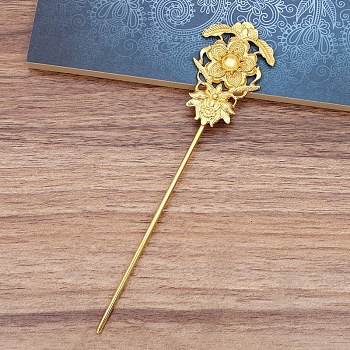 Alloy Hair Stick Findings, with Iron Pins, Flower, Golden, Tray: 10mm, 159mm