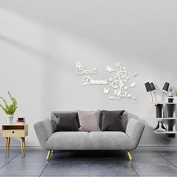 Acrylic Wall Stickers, for Home Living Room Bedroom Decoration, Square with Butterfly Pattern, Silver, 300x300mm