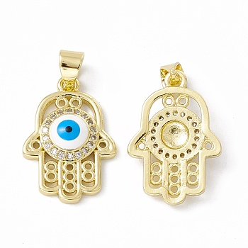 Rack Plating Brass Micro Pave Clear Cubic Zirconia Pendants, with Enamel, Long-Lasting Plated, Cadmium Free & Lead Free, Hamsa Hand/Hand of Miriam with Evil Eye, Real 18K Gold Plated, 19.5x13.5x4mm, Hole: 4x3mm