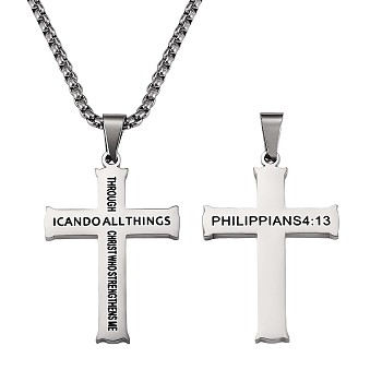 Titanium Steel Cross with Philippians 4:13 Pendant Necklace, Religion Jewelry for Men Women, Stainless Steel Color, 23.62 inch(60cm)