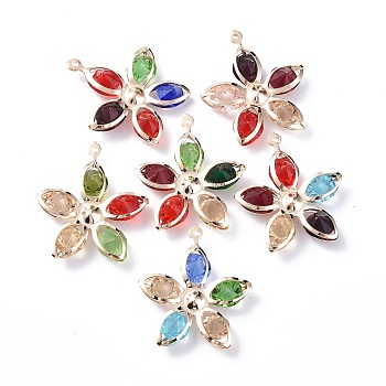 Rack Plating Iron Glass Pendants, Light Gold Tone Flower Charms, Mixed Color, 33x30x7.5mm, Hole: 1mm