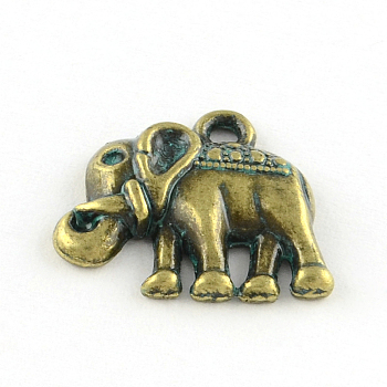 Elephant Zinc Alloy Charms, Cadmium Free & Lead Free, Antique Bronze & Green Patina, 14.5x16.5x3mm, Hole: 1.5mm