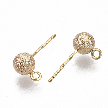 Brass Ball Stud Earring Findings, Nickel Free, with Loop, Textured, Real 18K Gold Plated, 14.5~16.5x5~5.5mm, Hole: 1.2mm, Pin: 0.8mm