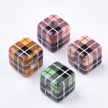 Printed Resin Beads, Plaid Beads, Large Hole Beads, Plaid Beads, Cube with Tartan Pattern, Mixed Color, 19.5x19.5x19.5mm, Hole: 7.5mm