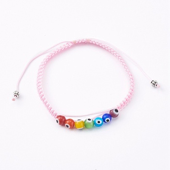 Chakra Jewelry, Adjustable Nylon Cord Braided Bead Bracelet, with Evil Eye Lampwork Round Beads and Alloy Spacer Beads, Pink, Inner Diameter: 2-1/8~3-1/2 inch(5.5~9cm)