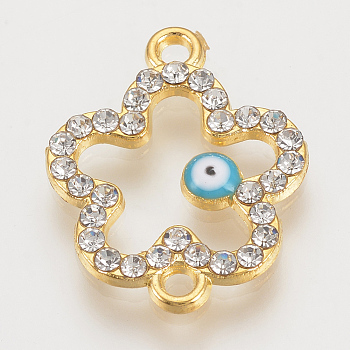 Alloy Rhinestone Links connectors, Cadmium Free & Lead Free, Flower with Evil Eye, Sky Blue, Golden, 21.5x17x2mm, Hole: 1.5mm