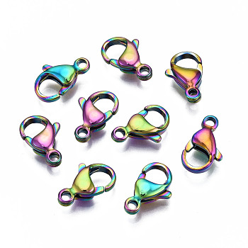 Ion Plating(IP) 304 Stainless Steel Lobster Claw Clasps, Rainbow Color, 13x8x4mm, Hole: 1.6mm